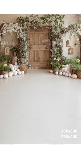 Tło fotograficzne „Drewniane drzwi z białymi kwiatami i wielkanocnymi dekoracjami” | E623